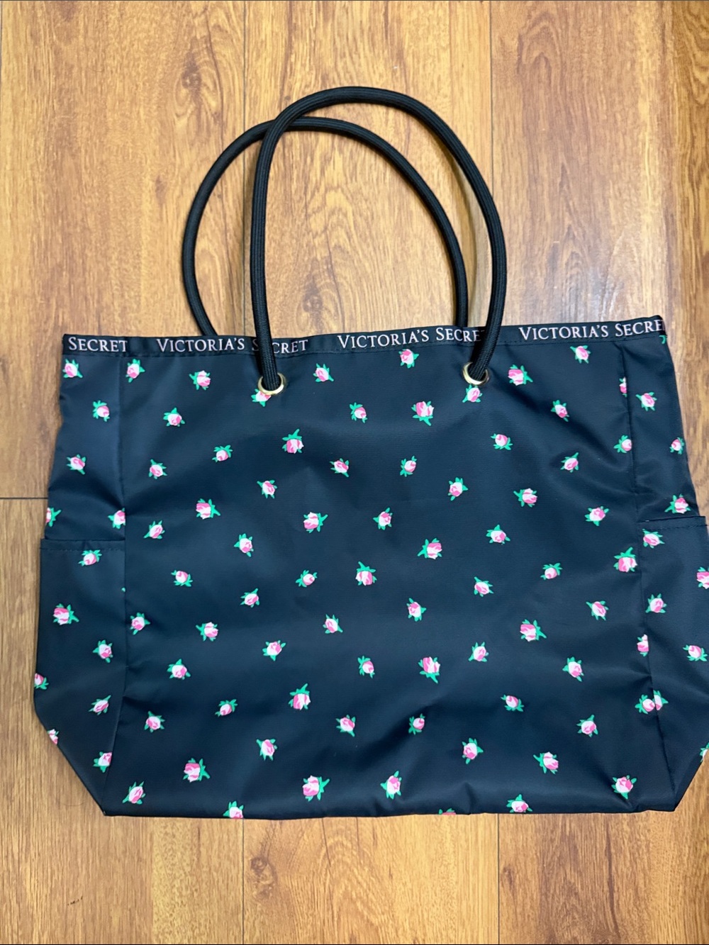 Victoria's Secret Black Tote with Pink Rose Bud Pattern